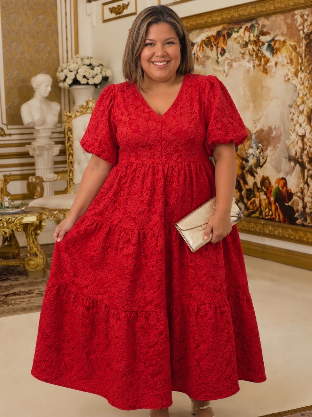 Plus-Size Red Lace Tiered V-Neck Dress